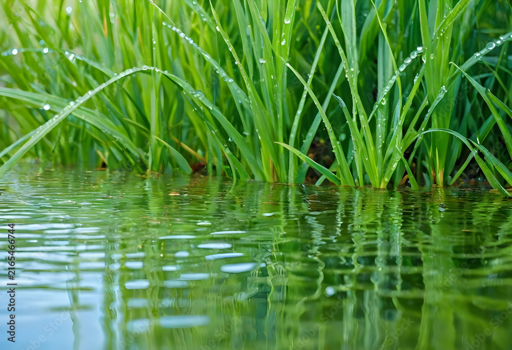 Fototapeta premium Environmental conservation and natures beauty, fresh green grass with water drops reflecting in calm water, natural ecosystem