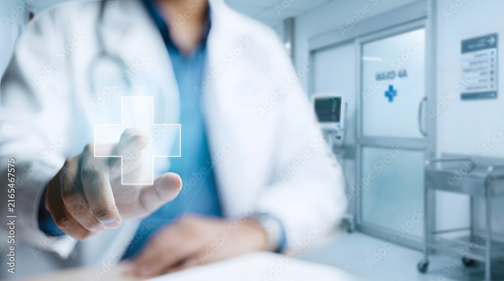 Fototapeta premium Doctor in Hospital Using Digital Medical Interface with Cross Symbol for Healthcare, Emergency Care, and Modern Medical Technology