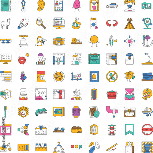 Set of vector linear style icons depicting various business concepts, technology elements, finance symbols, and lifestyle objects, perfect for web, apps, or infographics