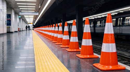 Orange traffic cones line a subway platform. The scene is empty except for two distant figures walking. The platform features a yellow safety line and polished flooring.