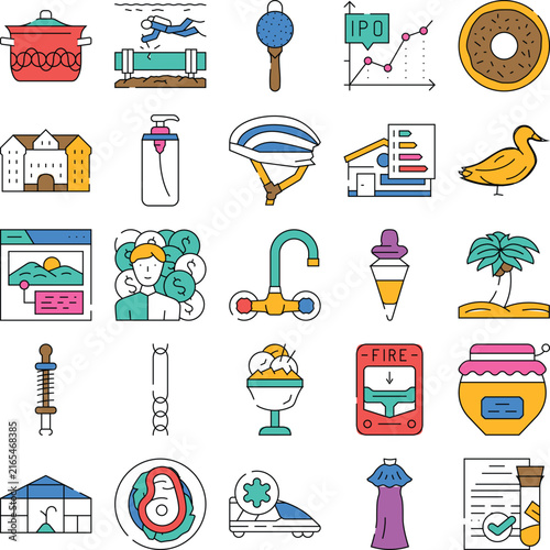 Set of vector linear icons presenting a wide range of subjects including technology, food, finance, nature, real estate, and daily objects, creating a comprehensive overview of modern themes