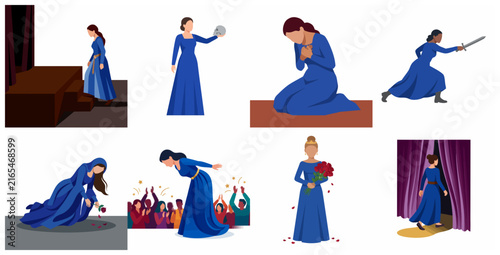 Принти на полотні Set of Theatre Actress Characters in Blue Dress Performing Various Classical Sce