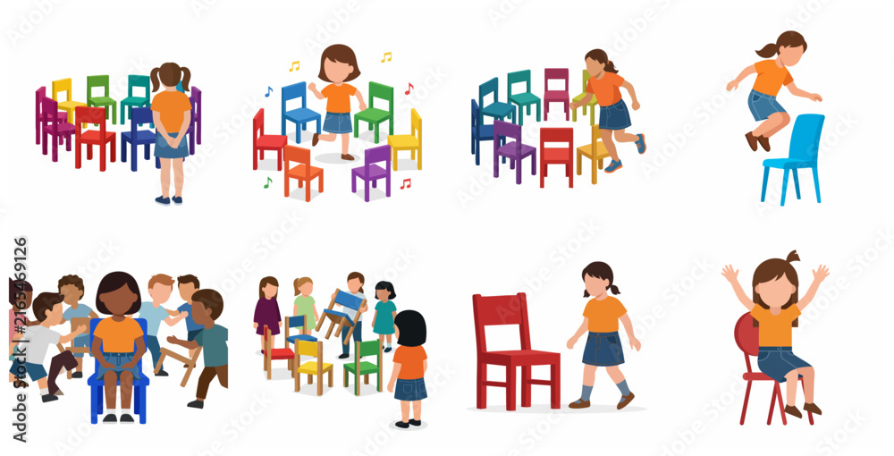 Fototapeta premium Children playing musical chairs game set with diverse kids in various stages of the activity