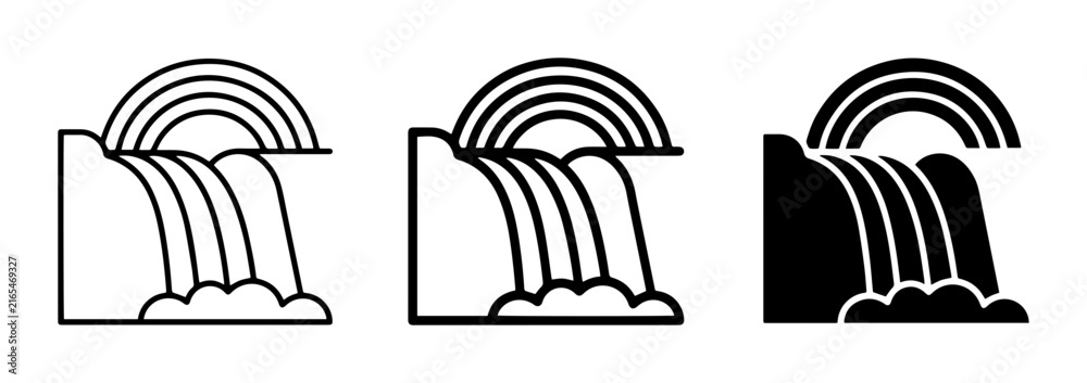 Fototapeta premium Waterfall Rainbow Icons, Nature Landscape Vector Graphics, Water Cascade Symbols