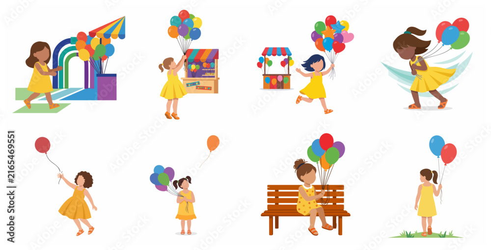 Fototapeta premium Collection of cute little girls in yellow dresses playing with colorful balloons at the park and market
