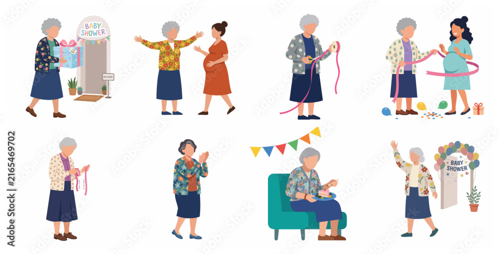 Fototapeta premium Grandmother and pregnant woman celebrating baby shower party vector illustration set