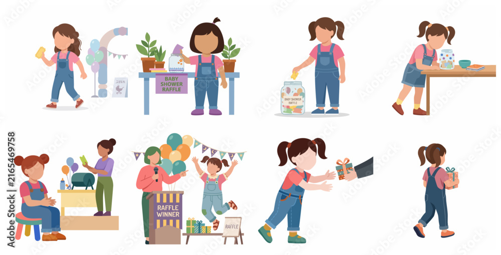 Fototapeta premium Baby Shower Raffle Activities and Girl Winner Characters Flat Vector Illustration Set