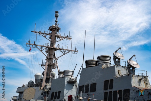 Radar antennas on a military ship