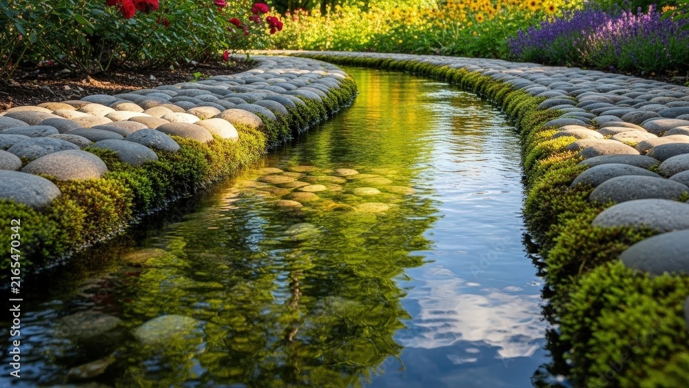 Naklejka premium A winding garden stream is lined with smooth grey river stones and vibrant green moss, surrounded by colorful flowers under bright sunlight