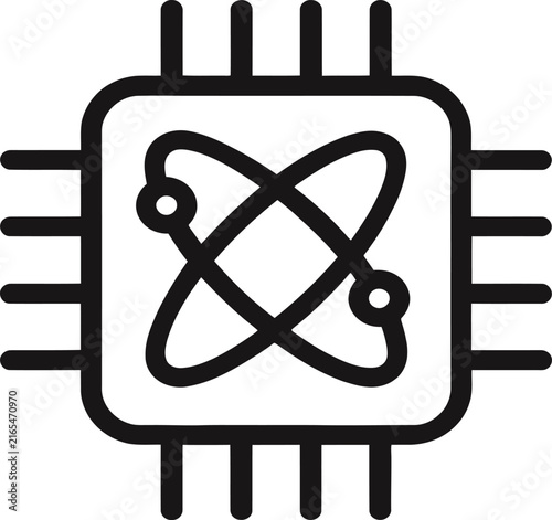 Minimalist digital microprocessor icon featuring an atomic structure symbol for advanced computing with integrated stylized atomic, icon computer processing
