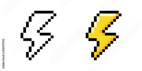 Pixel Art Lightning Bolt Icons Set, Retro 8-Bit Energy Symbols, yellow lightning bolt icon, lightning bolt, pixel art, Vector illustration.