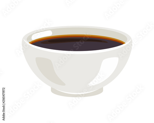 Small white bowl with soy sauce, isolated vector illustration.