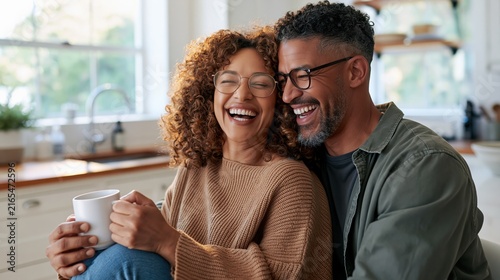 A couple in their 40s laughing together in a bright kitchen, both with visibly healthy full hair, warm candid morning atmosphere