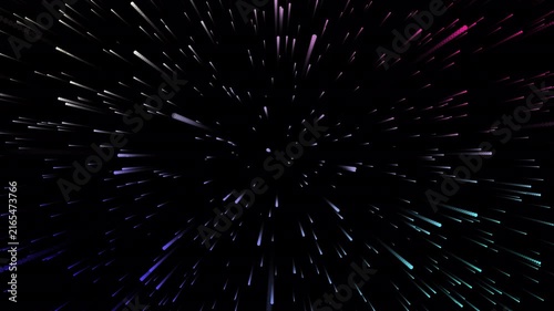 Flying through colorful hyperspace warp speed stars particles animation loop on black background