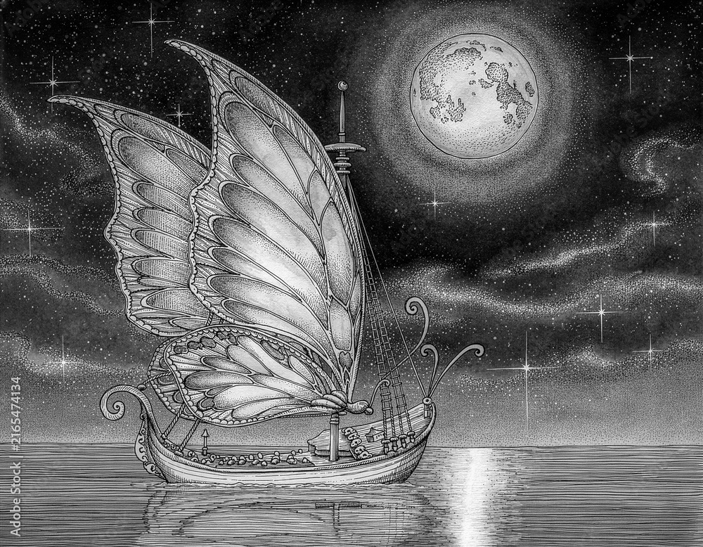 Fototapeta premium hand drawn illustration of an old Sailing ship with butterfly sails and a full moon in a surreal world.