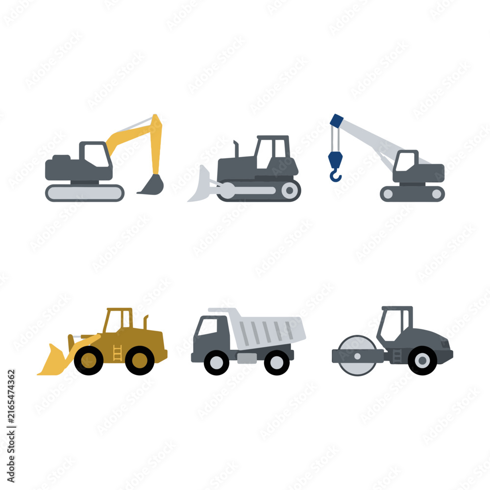Naklejka premium Construction Machinery Icon Set With Excavator, Bulldozer, Crane, Loader, Truck And Roller