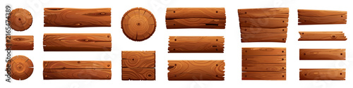 A collection of rustic wooden planks, game UI signboards, and natural wood texture elements