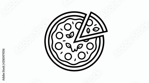 Simple graphic illustration of a classic round pizza with a single slice removed