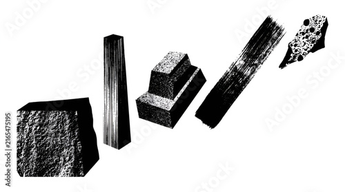 Set of abstract geometric shapes with textured surfaces isolated on white background