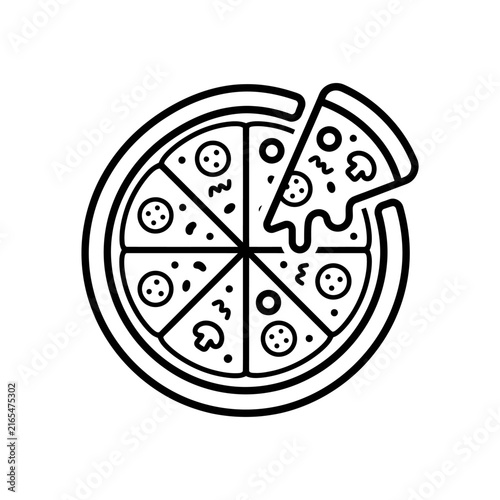 Minimalist Flat Line Vector Icon of a Delicious Pizza Pie with a Sliced Piece