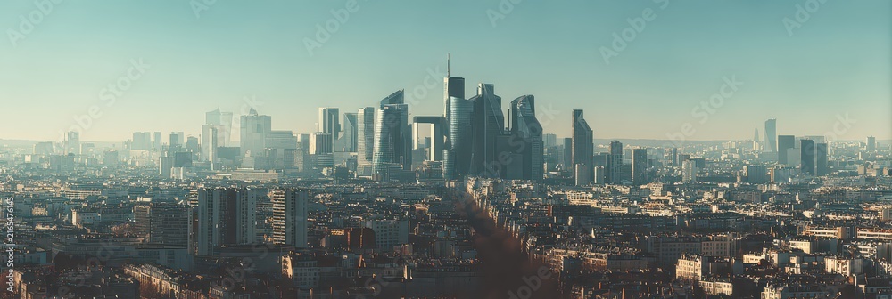 Fototapeta premium Panoramic Skyline View of La Courneuve Paris Featuring Modern Architecture and City Lights Under a Clear Blue Sky