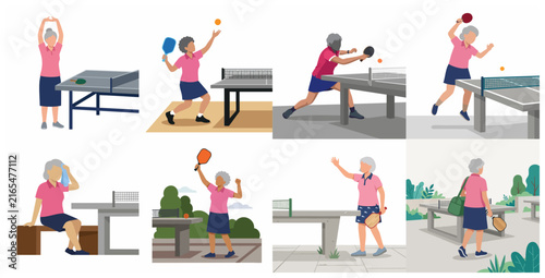 Active Senior Woman Playing Table Tennis Vector Illustration Set for Healthy Lifestyle