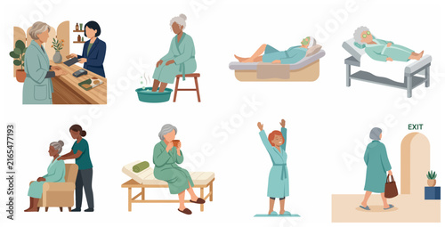 Set of Senior Women Enjoying Wellness and Beauty Treatments at a Spa, Flat Vector Illustration of Elderly Ladies Relaxing