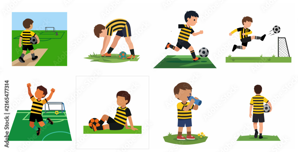 Fototapeta premium Vector illustration set of a young boy character playing soccer with various actions like training, scoring goals, celebrating, and resting on the field.