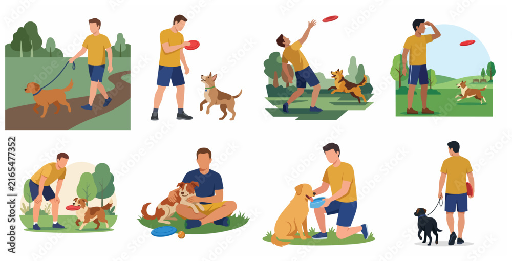 Fototapeta premium Set of flat vector illustrations depicting an active man walking, playing frisbee, and caring for his dog in the park, highlighting the bond between pet and owner.