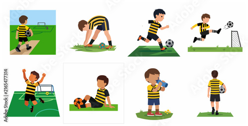 Vector illustration set of a young boy character playing soccer with various actions like training, scoring goals, celebrating, and resting on the field.