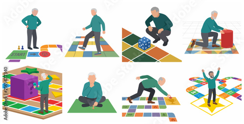 Active senior man navigating a giant board game as a metaphor for life's journey, making decisions, and celebrating success