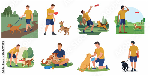 Set of flat vector illustrations depicting an active man walking, playing frisbee, and caring for his dog in the park, highlighting the bond between pet and owner.