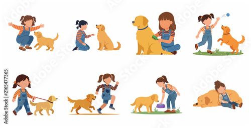 Little girl and her golden retriever dog daily activities set, flat vector illustration of child playing, feeding, grooming, and walking her pet isolated on white background