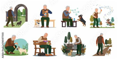 Senior Man and French Bulldog Activity Set Flat Illustration
