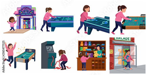 Vector illustration set of a young girl playing air hockey, winning tickets, and claiming prizes at a game center arcade