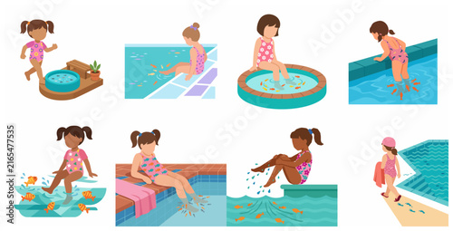 Flat vector illustration set of little girls enjoying a fish spa pedicure and doctor fish skin treatment in various pools, kids relaxing and pampering themselves in colorful swimsuits.