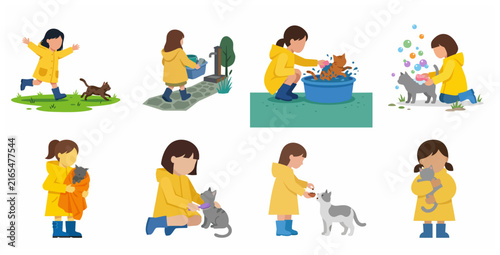 Little girl in yellow raincoat caring for her pet cats collection vector illustration