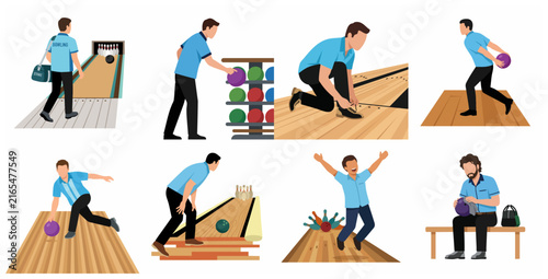 Set of male characters playing bowling in various actions and poses, including throwing ball, celebrating strike, and preparing for the game, flat vector illustration.
