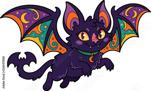 Cute Halloween bat cat illustration with colorful celestial wings and moon collar