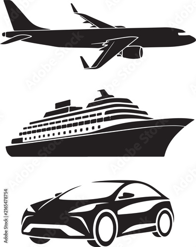 Airplane Cruise Ship Electric Car Travel Transportation Tourism Mobility Black White Editable Minimal Vector Illustration Collection
