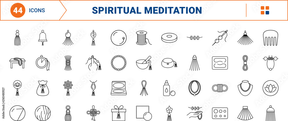 Fototapeta premium Mala Beads Tassel line icon set. Vector pictograms of meditation, prayer, accessory, and craft elements, thin linear illustration.