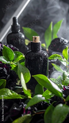 A luxurious black perfume bottle sits nestled among dark berries and vibrant green leaves, shrouded in a delicate mist, creating an aura of mystery and sophistication.