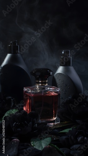 A captivating perfume bottle with a deep red liquid and ornate black cap sits amidst a bed of dark, velvety roses, shrouded in an ethereal mist, evoking an aura of mystery and luxury.