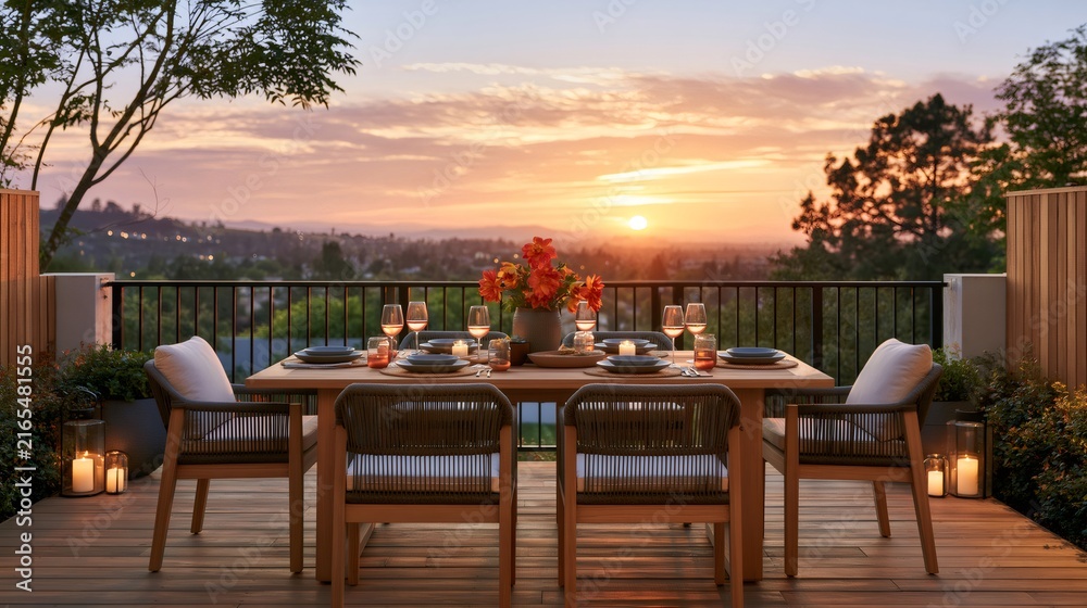 Fototapeta premium Outdoor dining table set on balcony at sunset