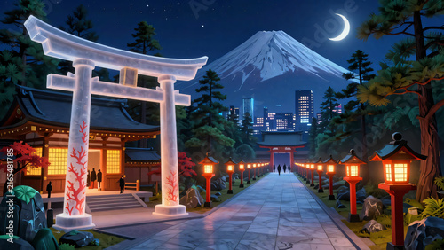Chinese Temple at Night with Glowing Lanterns and Traditional Asian Architecture in a Serene Cultural Setting