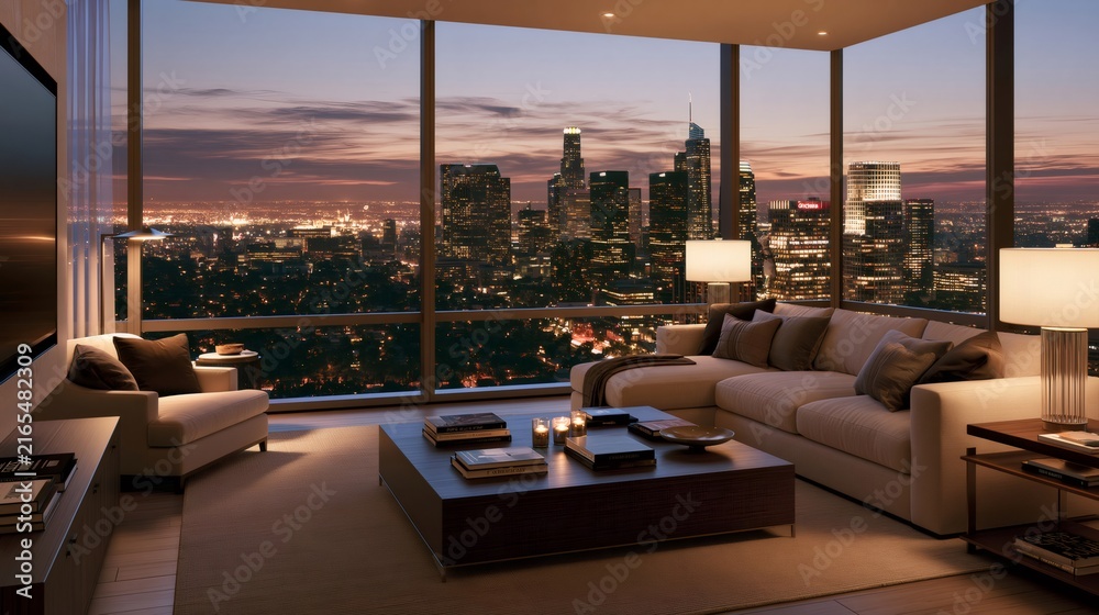 Obraz premium Modern luxury apartment living room overlooking city skyline