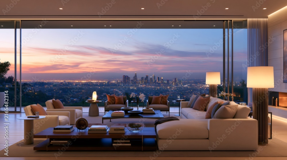 Fototapeta premium Modern luxury living room overlooking los angeles cityscape at sunset