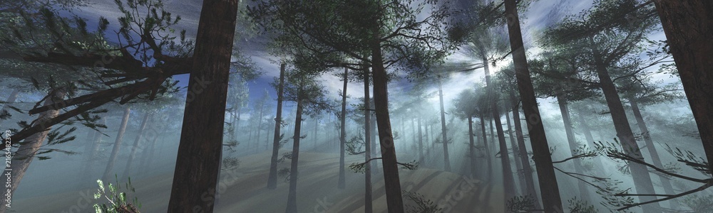 Obraz premium Forest in the morning in a fog in the sun, trees in a haze of light, glowing fog among the trees, 3D rendering