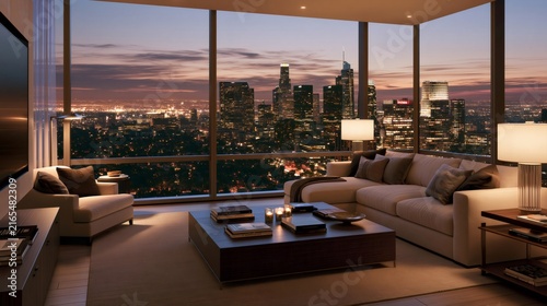 Modern luxury apartment living room overlooking city skyline