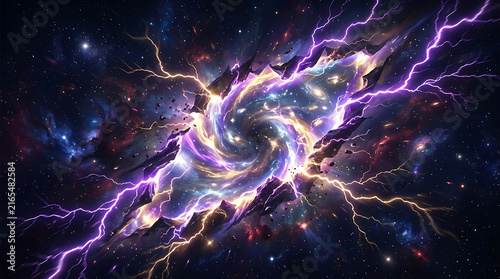 Cosmic energy storm with glowing purple lightning and interstellar nebula vortex